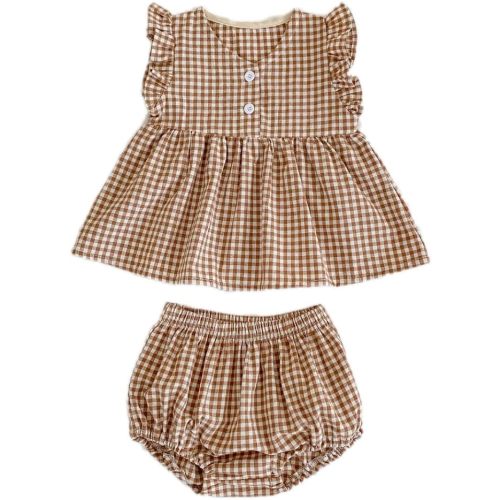 Ashmyova Baby Girls Summer Shorts Sets Infant Plaid Ruffle Sleeveless Tops Bloomer 2PCS Outfits