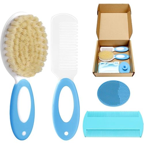 Baby Hair Brush and Comb Set, 4Pcs Baby Soft Bristles Hairbrush Cradle Cap Brush Hair Comb for Newborns Toddlers Boys Girls (Green)