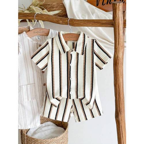 Vintaside Kids Baby Boy 2pcs Set,Summer Casual Vacation Black And White Checkered Apricot Khaki Black Striped Lapel Short-Sleeved Shirt And Shorts For Daily Outing | SHEIN USA