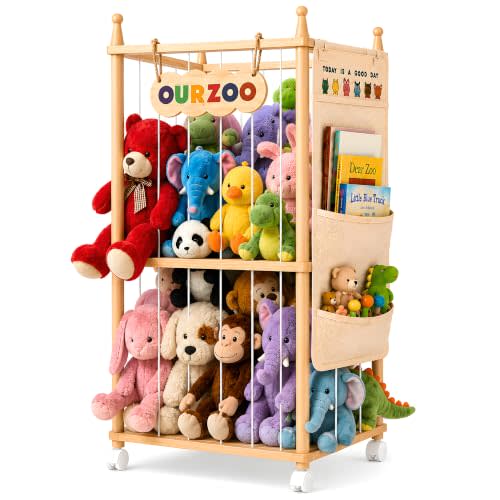 Stuffed Animal Storage Zoo with Wheels, Large Wooden Plush Toy Organizer Tower, Solid Pine Wood, Flexible Rope Shelves | No Tools Required, Bonus Storage Bag, Nursery Playroom