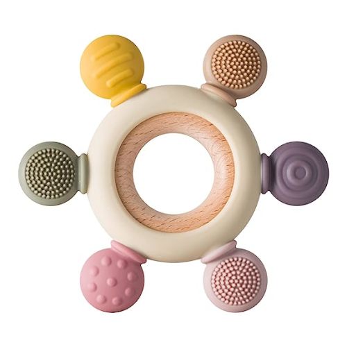 Baby Teething Toys Silicone Teethers BPA Free Silicone Rudder with Wooden Ring Soothe Babies Gums (Khaki)