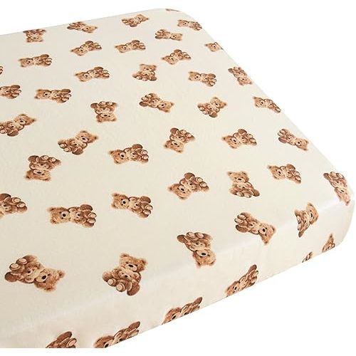 LifeTree Pack and Play Sheets Fitted for Baby, 38" x 26" x 2" Muslin Playard Mattress Pad Cover,70% Viscose from Bamboo and 30% Cotton, Bear Pattern