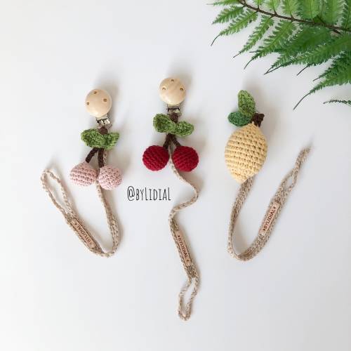 Handmade Crochet Pacifier Clip Holder Cherry Lemon