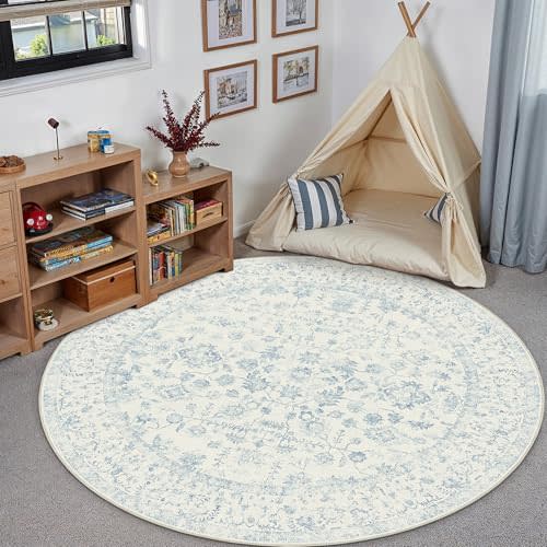 Blue 4x4 Round Area Rug Vintage Washable Carpet Non Slip | Floral, Distressed, Retro, Indoor, Throw Rug, Door Mat, Bedroom, Office, Kitchen, Entryway, Bathroom