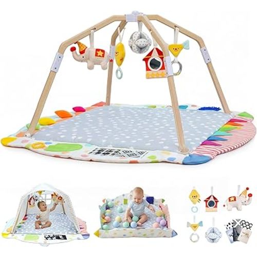 Kizfarm Baby Play Gym Mat, 5 Developmental Zones Wooden Tummy Time Mat, Baby Activity Mat with 5 Detachable Sensory Toys, Stage-Based Development from Newborn Infant, Baby Essentials Shower Gift