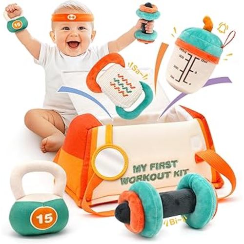 Vanplay Baby Toys 0-12 Months, Workout Plush Toy with Rattle for 0-3-6 Month, Sensory Montessori Toys for Babies 6-12-18 Month, Baby Boys Girls Birthday Shower Gifts for 7 8 9 10 Month