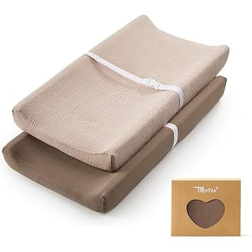 TILLYOU Muslin Changing Pad Cover for Baby Girls Boys, Soft and Breathable Cotton Diaper Changing Table Cover, 2 Pack(Brown&Light Brown)