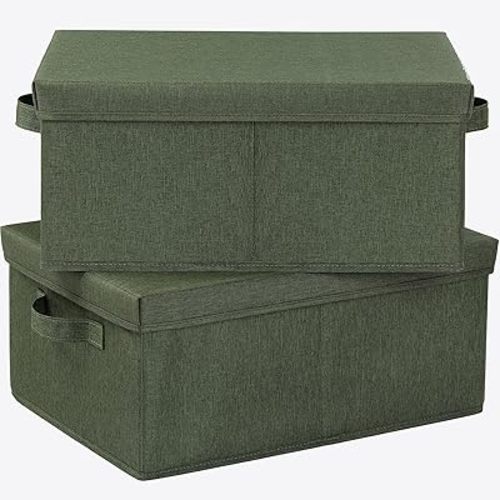 HOONEX Storage Bins with Lids for Organizing, Pack of 2, Storage Boxes with 2 Carrying Handles and Sturdy Heavy Cardboard, 16.5" L x 11.8" W x 7.5" H for Shoes, Books, Clothes, Olive
