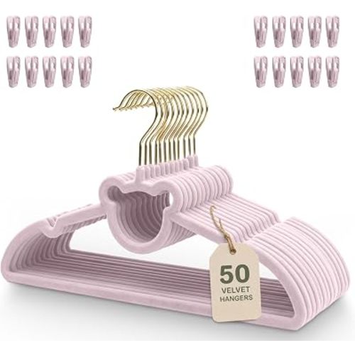 Kids Velvet Hangers 50 Pack with Clips – Non Slip Velvet Clothes Hangers for Toddlers, Kids & Youth – Space Saving Closet Organization
