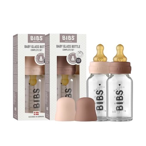Bibs Baby Glass Bottle | Newborn Anti-Colic Baby Borosilicate Glass Bottles | Natural Vented Round Natural Rubber Latex Nipple | Consistent Flow Rate | 3.7 oz/110 ml | 2 Pack | Blush/Woodchuck
