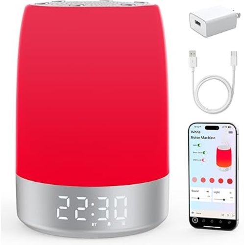 Smart Red Light Therapy Lamp & Sleep Sound Machine for Bedroom with Alarm Clock, 32 White Noises Sound Machine, Night Light with App Control, 5-Level Red Light (620–690nm), 2600mAh Battery（Large）