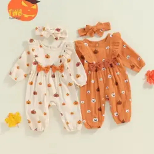 Baby Girl 2pcs Halloween Fall Outfits Ruffle Long Sleeve Pumpkin Print Jumpsuit With Headband Set Newborn Clothes - TikTok Shop