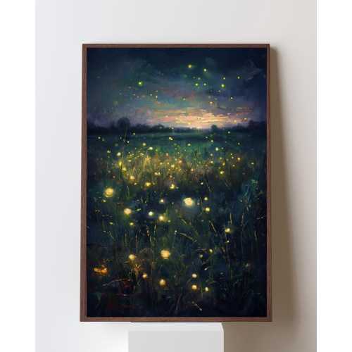 Fireflies Summer Night Art Print, Lightning Bugs Meadow Landscape, American Summer Decor, Country Twilight Print