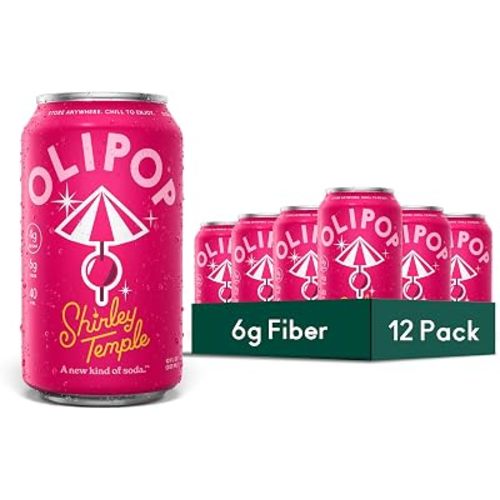 OLIPOP Prebiotic Soda Pop, Shirley Temple, Pantry Pack Packed with Prebiotics, Fiber, and Botanicals, Gluten Free, GMO Free, 12oz (12-Cans) (Packaging May Vary)