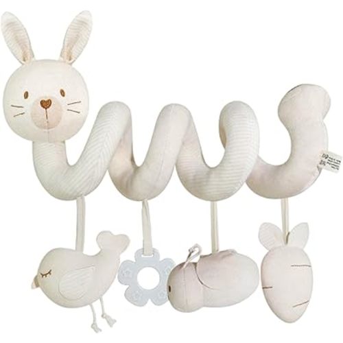 Spiral Plush Animal Hanging Crib Toy, Squeaky Sensory Wind Chime for Newborn 0-6 Months Early Education, Rabbit