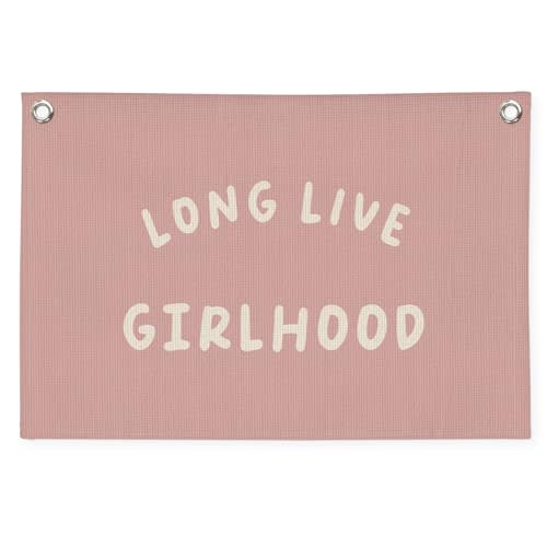 MOFUYU Girls Room Wall Art Decor,Long Live Girlhood Linen Canvas Banner–Pink Wall Hanging Flag Decor for Girls Room, Nursery Kids Bedroom Dorm Toddler Decorations - 20x30 Inch