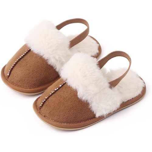 Baby House Slippers Toddlers Infants Fuzzy Slippers 0-18 Months Boys Girls Cozy Fleece Shoes with Heel Strap