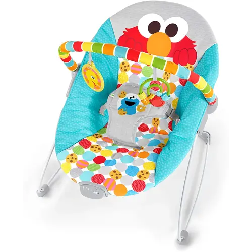 Bright Starts Sesame Street Baby Bouncer Soothing Vibrations Infant Seat - I Spot Elmo! with Cookie Monster and Big Bird - Removable-Toy Bar, 0-6 Months Up to 20 lbs