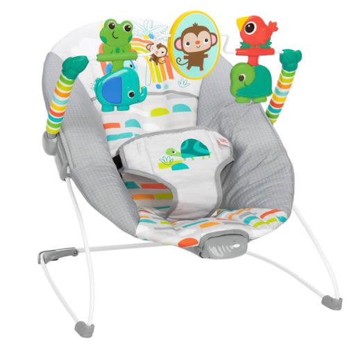 Bright Starts Playful Paradise Comfy Baby Bouncer Seat with Soothing Vibration and Toys, Unisex, 0-6 Months