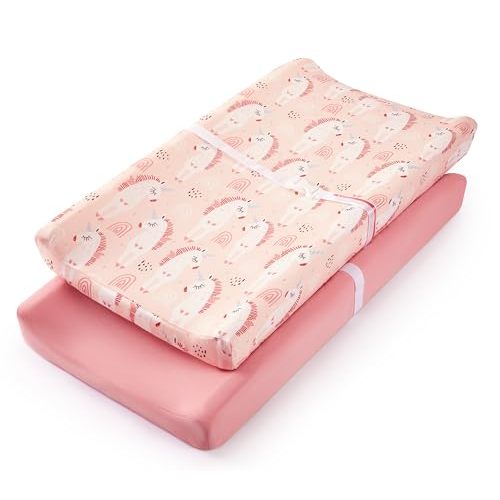 TILLYOU Changing Pad Cover Set in Soft Jersey Material - Fits 32"/34''x16 Contoured Pad for Babies, Unicorn & Meat Powder
