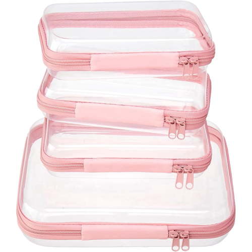 4 Pack Clear Zipper Pouches Hard Shell Travel Organizer Bags, Transparent Cosmetic Toiletry Storage Cases, Multi Size Makeup Bags for Travel & Home (M+3S，Light Pink)