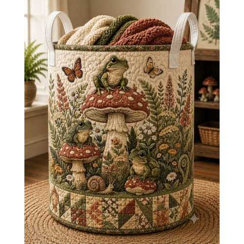 Quilted Laundry Bag Frog Mushroom Decor, Woodland Cottagecore Storage Basket, Forest Animal Hamper, Nature Lover Gift ORD-3TI12