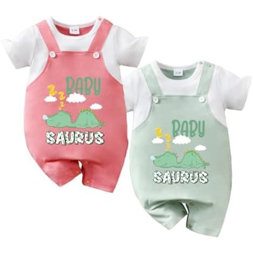 Paquete de 2 mamelucos de verano para niños y niñas, diseño de elefante de dibujos animados, tirantes de manga corta, adorable y cómodo traje de bebé