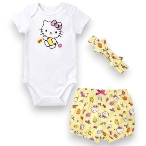 Hello Kitty Baby Girls' 3-Piece Bodysuit with Bloomer & Headband Set, White/Ice Creams, 9 Months