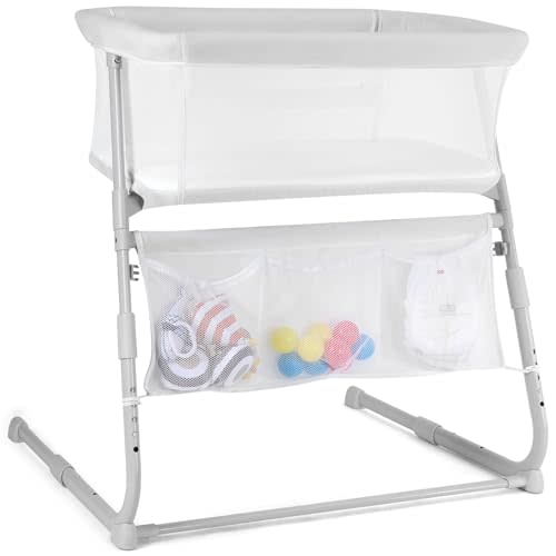 Cowiewie Bassinet Bedside Sleeper,Baby Bassinet Slides Over Bed,5-Position Height Adjustment & Breathable All-Mesh Wall Bedside Bassinet for Baby,Space-Saving Bedside Crib (White)