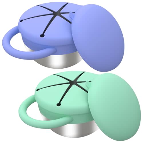 Yeomant Snack Cups for Toddlers Spill Proof, 2 Pack Toddler Snack Containers with Silicone Lids & Handles, Safe and Durable, Stainless Steel Baby Snack Containers