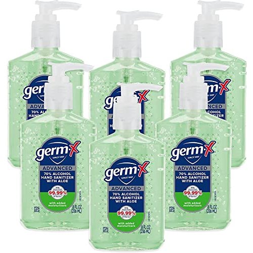 Germ-X Advanced Hand Sanitizer with Aloe and Vitamin E, 8 Fl Oz (Pack of 6), Less Drying Moisturizing Gel, No Rinse Formula, Pump Bottle