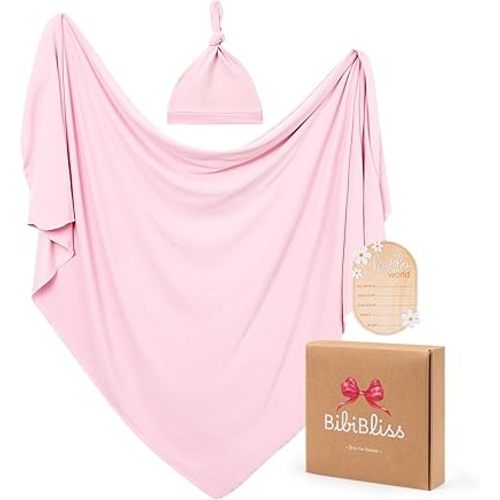 Stretchy Swaddle Blanket for Newborns with Hat & Hello World Card–Soft Baby Swaddles 0-3 Months,47"x 47"Supersoft Swaddle Blanket,Receiving Blanket for Boys & Girls (Blush)
