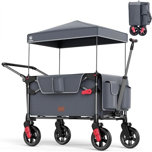 EVER ADVANCED Ultra-Compact Wagon for 2 Kids, Travel Foldable Push Pull Wagon Stroller with Removable Canopy, Adjustable Handles & Harnesses, Grey