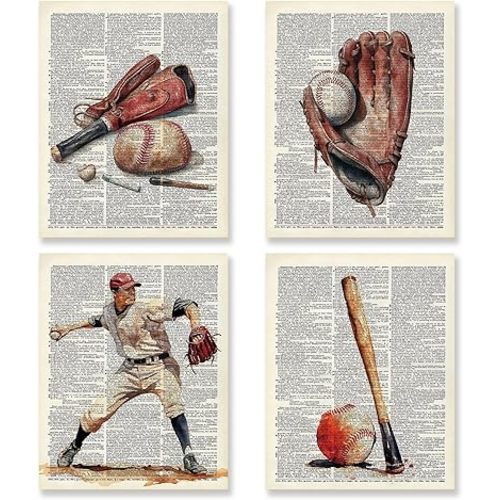 KSDUT Retro Baseball Wall Decor Art Set of 4 - Vintage Artwork Poster Prints Gym Club Wall Decor Baseball Gifts Wall Art for Office Games Sports Room Decorations - 8"x10" Unframed