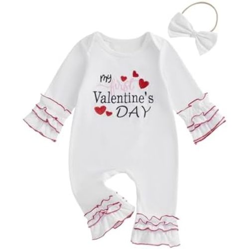 MoZiKQin Baby Girl Valentines Day Outfit My First Valentines Day Ruffle Romper Long Sleeve Tiered Jumpsuit with Headband