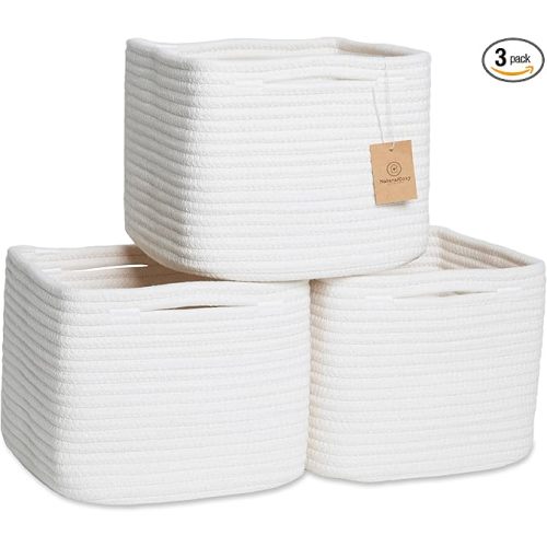 NaturalCozy Storage Cubes 9”x9”x7”Cotton Rope Woven Baskets for Organizing 3-Pack | 9 Inch Cube Storage Bin | Small Basket for Shelf Nursery, Pantry, Decorative Plant, Bathroom Closet, Toy Gift