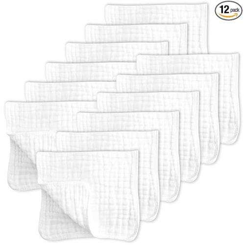 SWEET DOLPHIN 12 Pack Muslin Burp Cloths Large 100% Cotton Hand Washcloths for Baby - Baby Essentials Extra Absorbent and Soft Boys & Girls Milk Spit Up Rags for Newborn Registry - White, 20" X10"