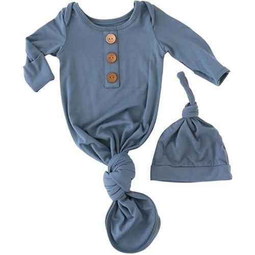 Caden Lane Newborn Knotted Gown with Hat, Soft Bamboo Viscose Baby Sack, Unisex Infant Breathable Night gown Dusty Blue