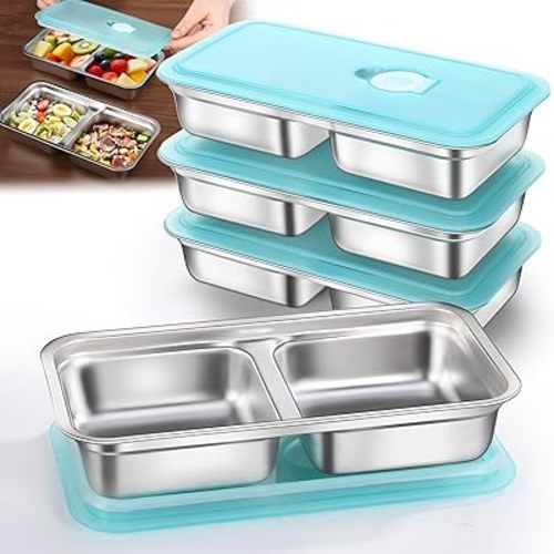 4 Pack Stainless Steel Snack Containers Reusable, Grab and Go 2 Compartment Food Storage Meal Prep Containers with Leakproof Lids for Travel and Outdoor Camping School Lunch Dishwasher Safe 7.9" Size
