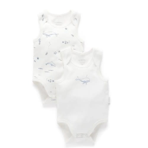 White Nautical 2 Pack Singlet Bodysuit - Baby Bodysuits - Purebaby - Purebaby