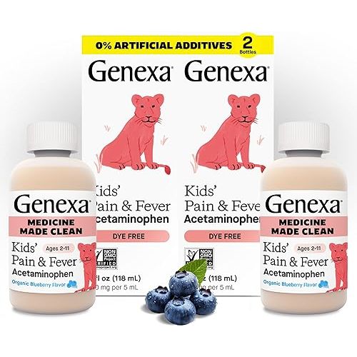 Genexa Kids’ Clean Pain & Fever Acetaminophen, Dye Free, 0% Artificial Additives, Delicious Organic Blueberry Flavor, Liquid Oral Suspension Medicine, Children 2-11, 160 mg per 5mL, 8 fl oz (2 Pack)