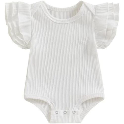 Mubineo Baby Girl Summer Clothes Basic Plain Ruffle Short Sleeve Romper Bodysuit Newborn Rib Knit Tops Clothes