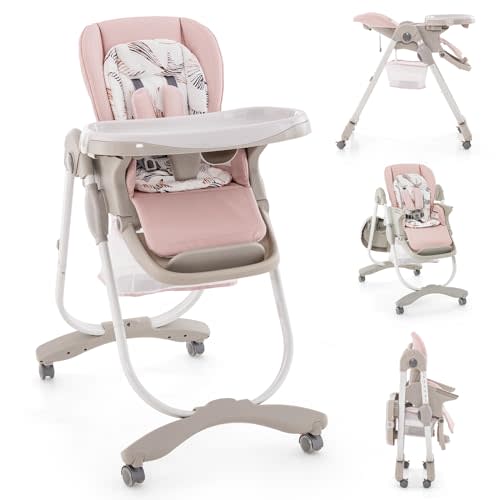 BABY JOY High Chair, Foldable Baby High Chair with Adjustable Height, Recline & Footrest, Double Removable Tray, Storage Basket, Portable Chair with Wheels for Babies & Toddlers (Pink)