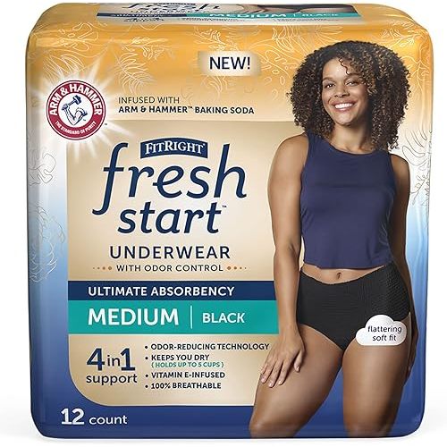 FitRight Fresh Start Incontinence and Postpartum Underwear for Women, Medium, Black (12 Count) Ultimate Absorbency, Disposable Underwear with The Odor-Control Power of ARM & Hammer