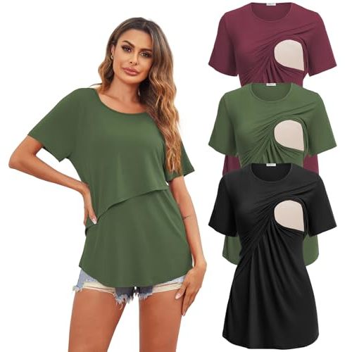 Ekouaer Women's Maternity Shirts Short Sleeves Nursing Tops 3 Pack Double Laye Breastfeeding Tees Pregnancy Clothes S-XXL