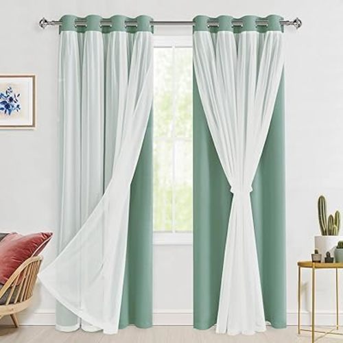 Hiasan Light Sage Green Blackout Curtains for Bedroom,Thermal Insulated Mix & Match Double Layer Room Darkening Curtains for Living Room,Nursery,2 Window Panels Sewn with Tiebacks,52W X 84L