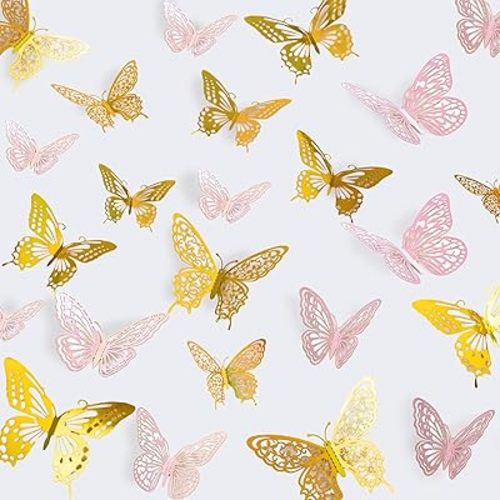 Phuryllic Butterfly Wall Decor, 48pcs 3D Butterfly Stickers in 3 Sizes & 4 Styles for Balloon Arch & Cake Decorations, Cute Decals for Girls Room & Birthday Party, Gold & Pink