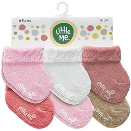 Little Me Baby Socks – 6-Pack Terry Turn Cuff Socks for Newborns, Infants & Babies, 0–6 Months