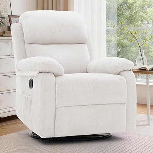 Korser Silla reclinable, silla mecedora giratoria de 360 grados para adultos, silla reclinable pequeña para espacios pequeños, silla reclinable tapizada de tela de felpilla con bolsillos laterales