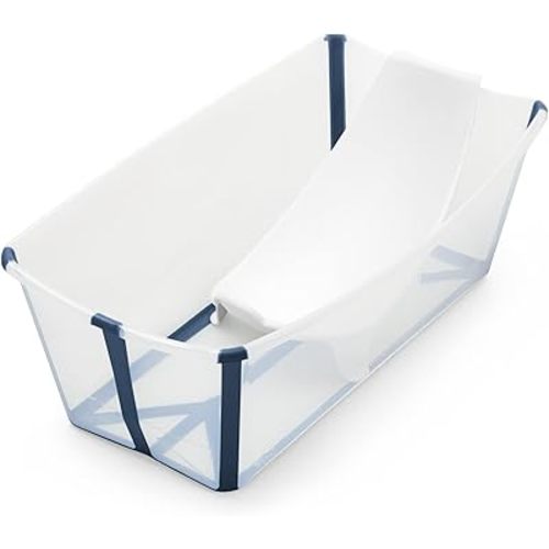 Stokke Flexi Bath Portable Baby Bathtub Bundle with Heat-Sensitive Plug and Newborn Baby Bath Support, Transparent Blue